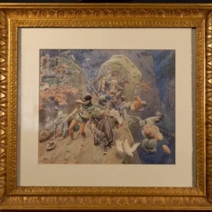 Watercolor depicting a medieval historical scene by Marcel Pille
