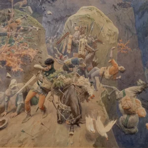 Watercolor depicting a medieval historical scene by Marcel Pille